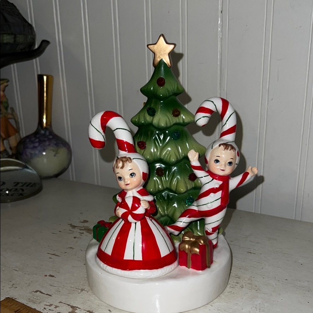 Regency Vintage Style Candy Cane elf tree porcelain light up Figurine Set